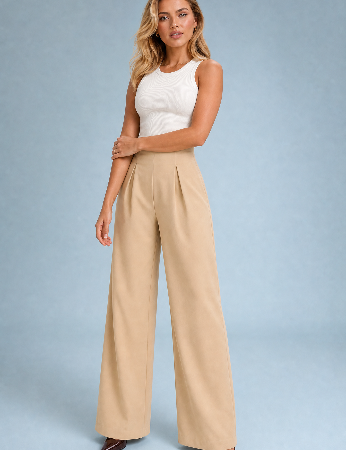 Pantalon beige taille haute jambes larges | Variante Beige | Lounelle Paris