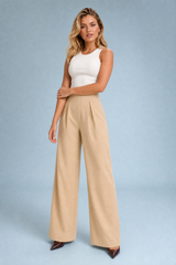 Pantalon beige taille haute jambes larges