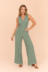Combinaison verte col V taille smockée
