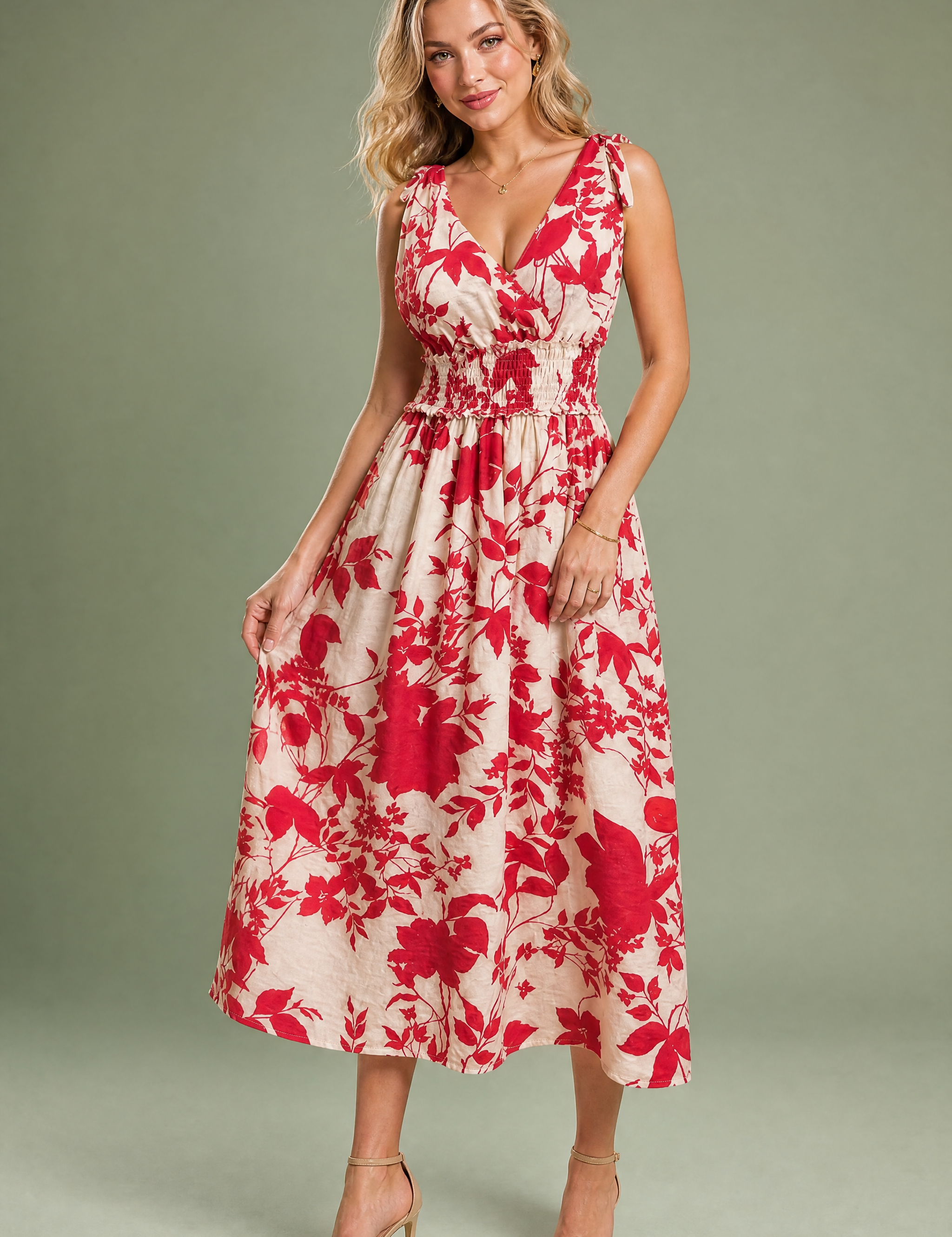 Robe midi rouge fleurie dos nu | Vue de face | Lounelle Paris