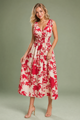 Robe midi rouge fleurie dos nu