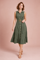 Robe vert militaire col chemise ceinturée
