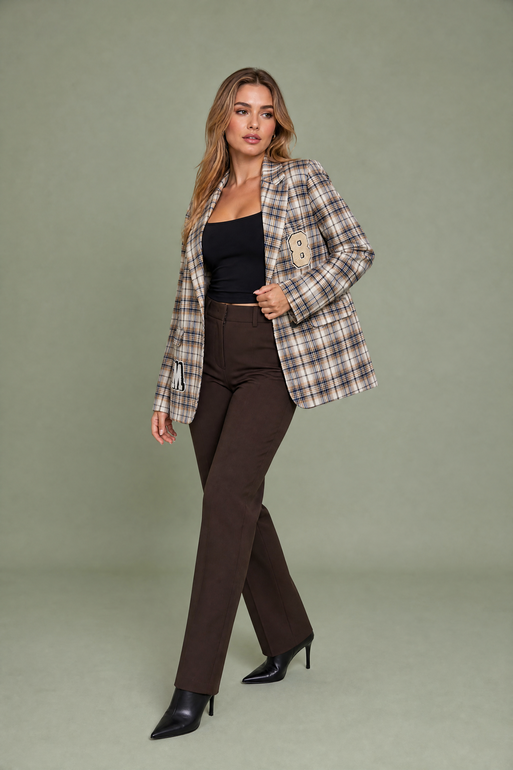 Blazer marron à carreaux | Vue de face | Lounelle Paris