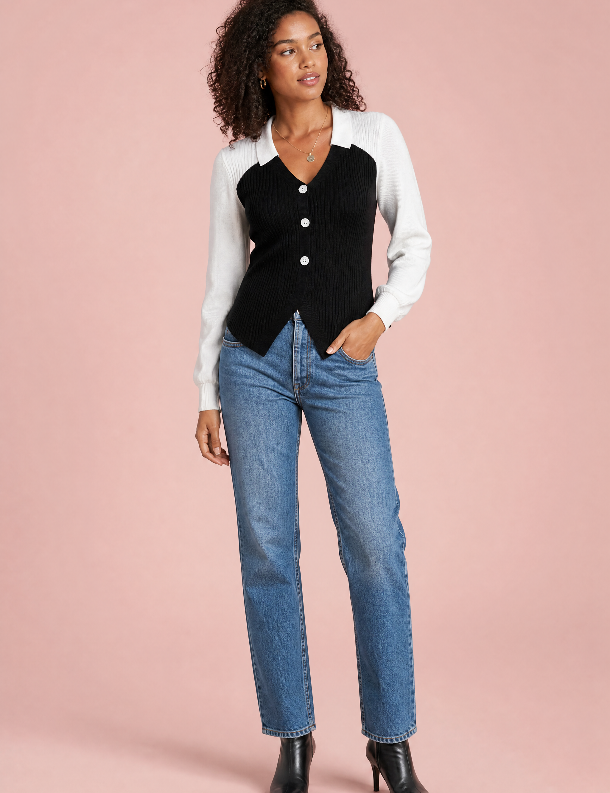 Pull bicolore col en V | Vue de face | Lounelle Paris