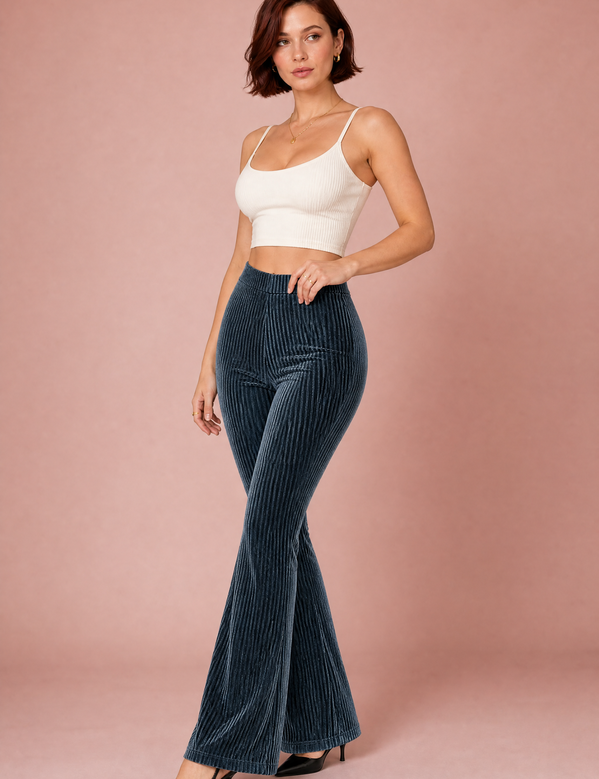 Pantalon gris foncé taille haute évasé | Vue de face | Lounelle Paris