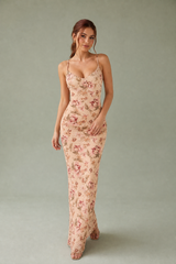 Robe longue abricot fleurie dos nu