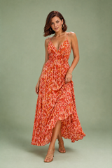 Robe longue rouge col V dos nu