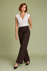 Top maille beige rayé col V