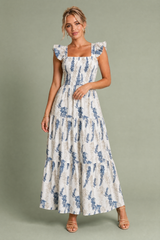 Robe longue écru imprimé floral encolure carrée
