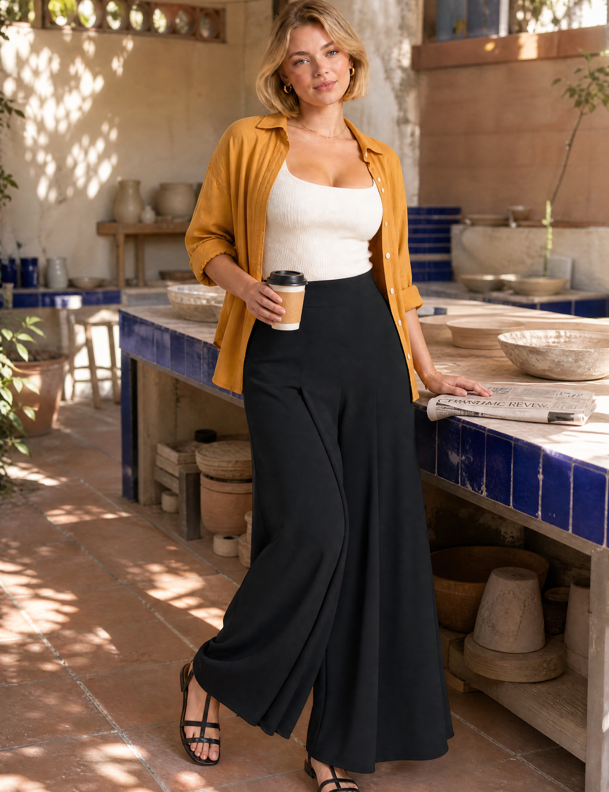Pantalon large taille haute fluide | Photo lifestyle | Lounelle Paris