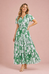 Robe longue verte imprimée col V