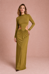 Robe longue olive col montant