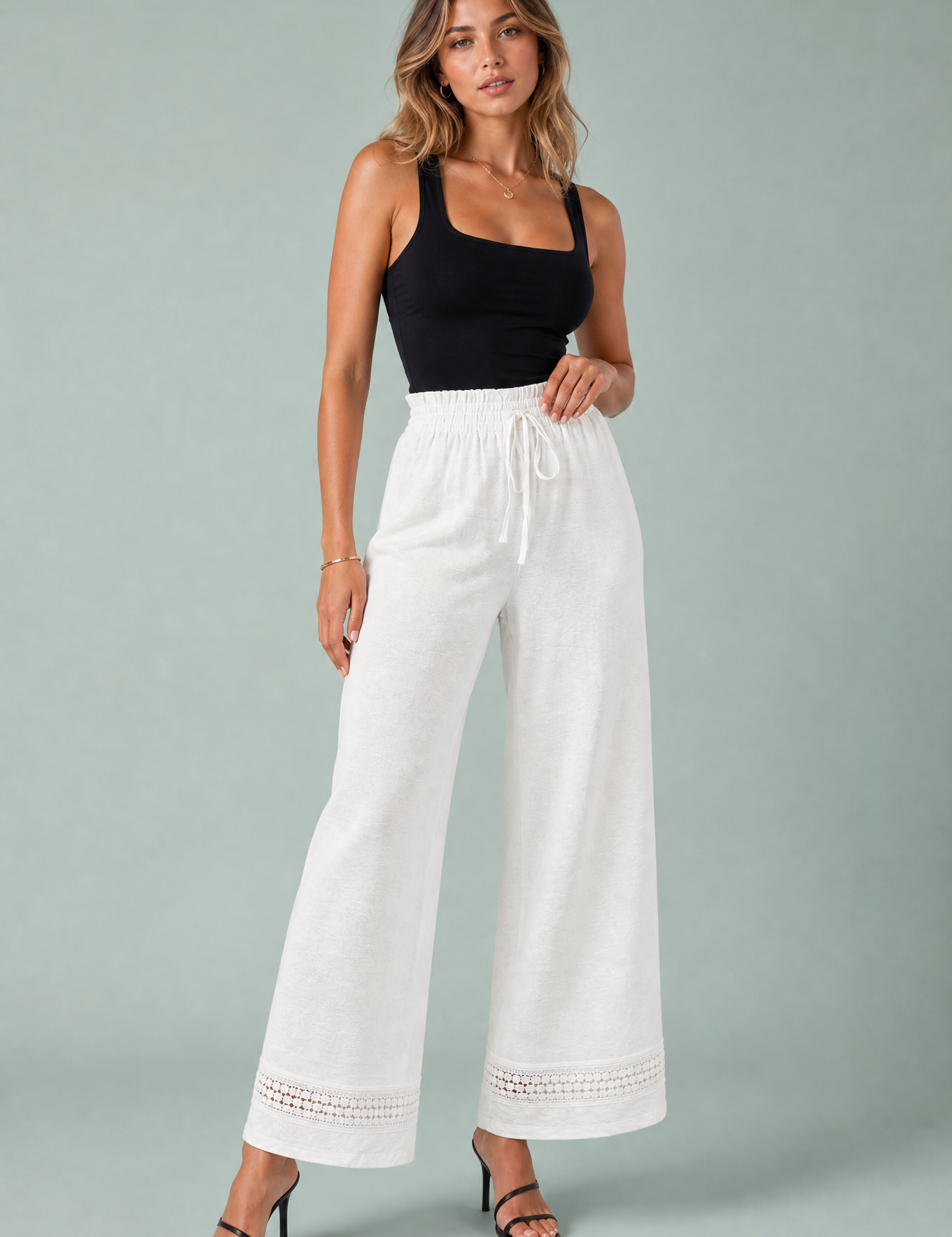 Pantalon blanc taille haute dentelle | Vue de face | Lounelle Paris