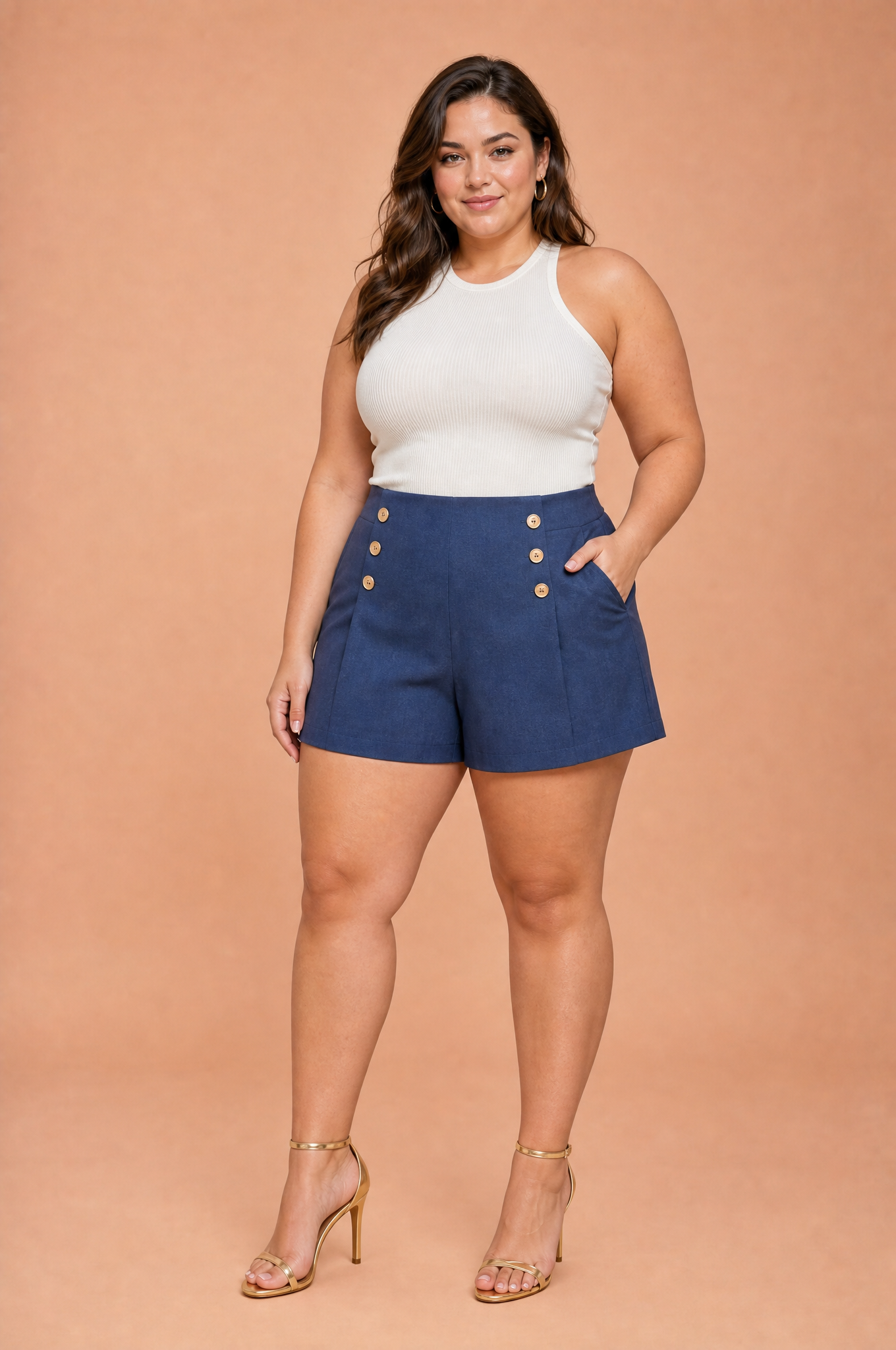 Short bleu océan évasé boutons dorés | Porté sur une silhouette plus ronde | Lounelle Paris