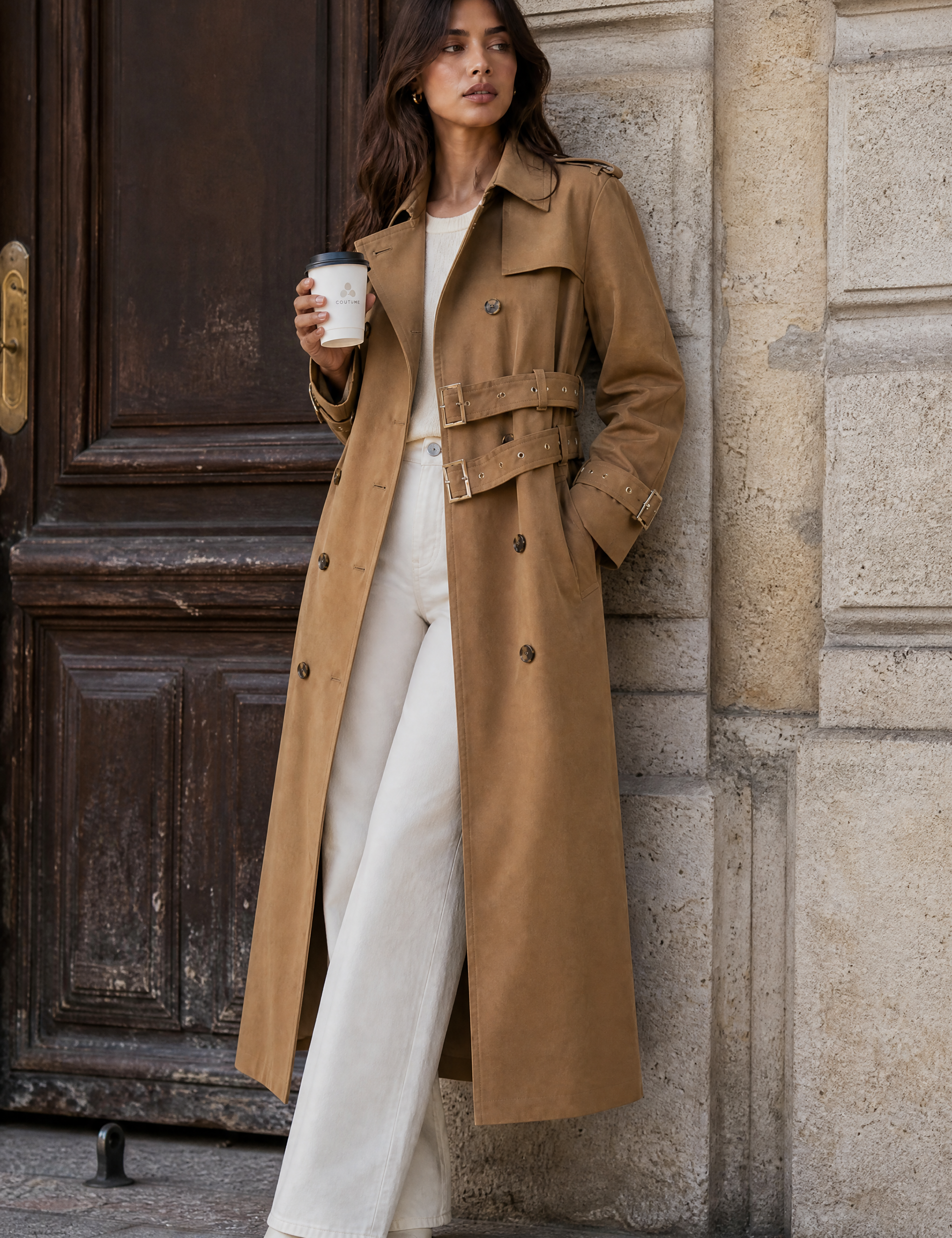 Trench long camel double ceinture | Photo lifestyle | Lounelle Paris