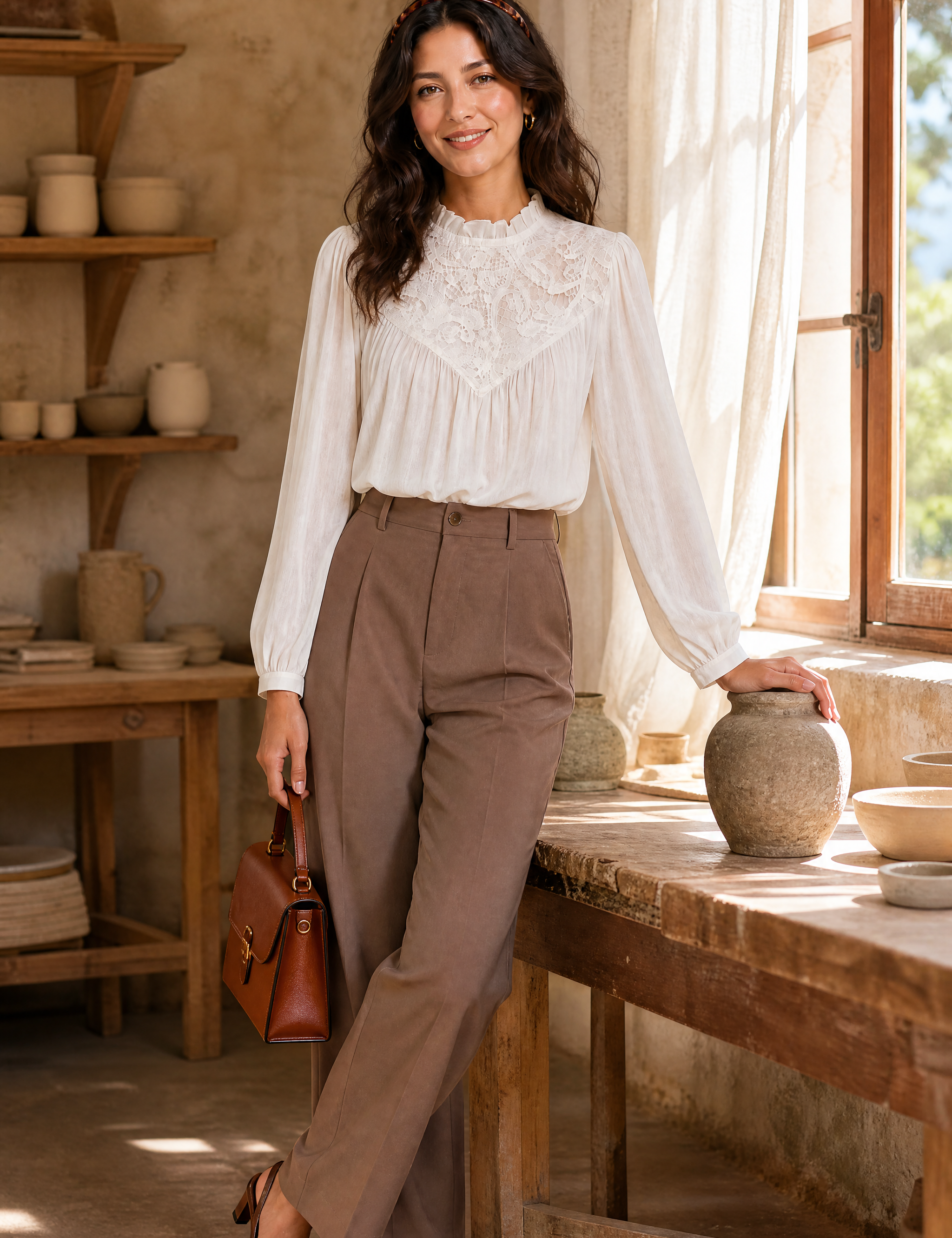 Blouse à col volanté et manches bouffantes | Photo lifestyle | Lounelle Paris