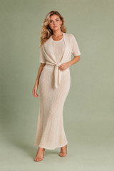 Ensemble 3 pièces beige maille ajourée