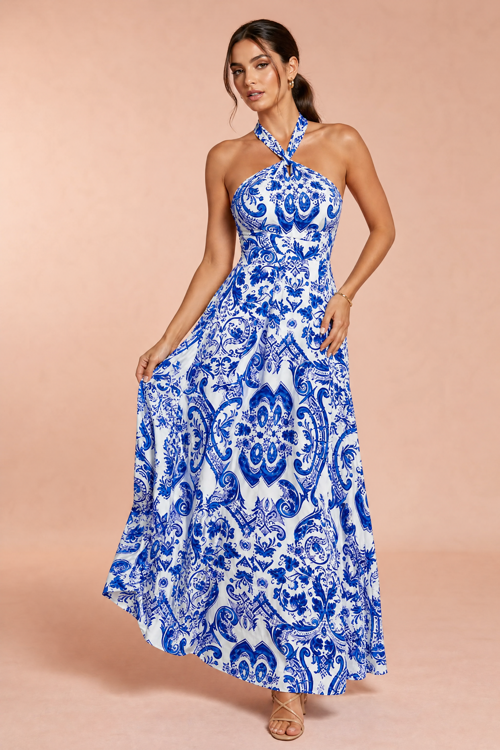 Robe longue bleue col halter dos nu | Vue de face | Lounelle Paris