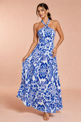 Robe longue bleue col halter dos nu