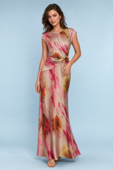 Robe longue beige rosé imprimée