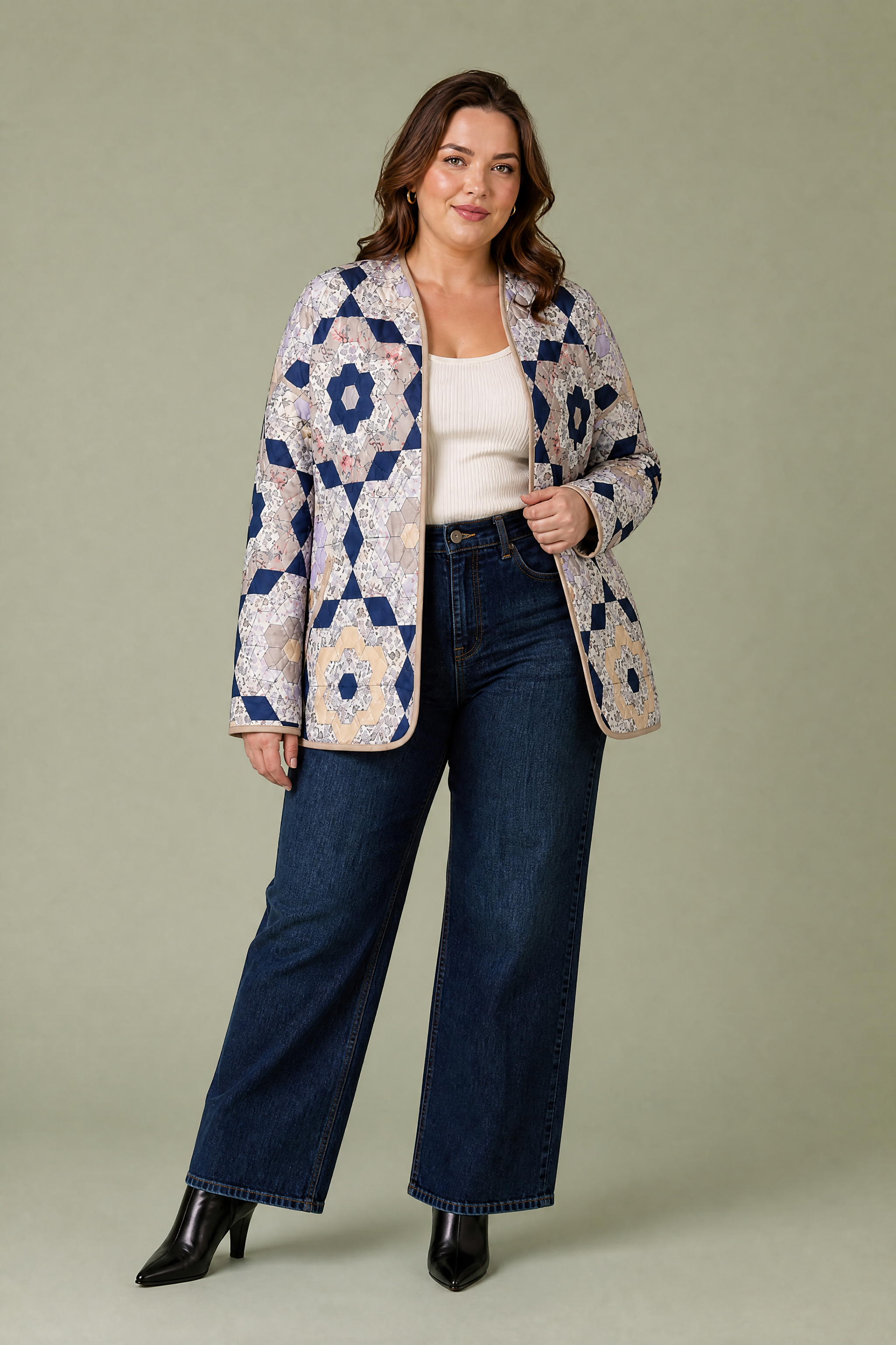 Veste matelassée imprimée réversible | Porté sur une silhouette plus ronde | Lounelle Paris