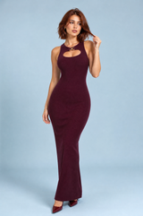 Robe longue bordeaux en maille côtelée