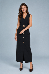 Robe longue col V ceinturée