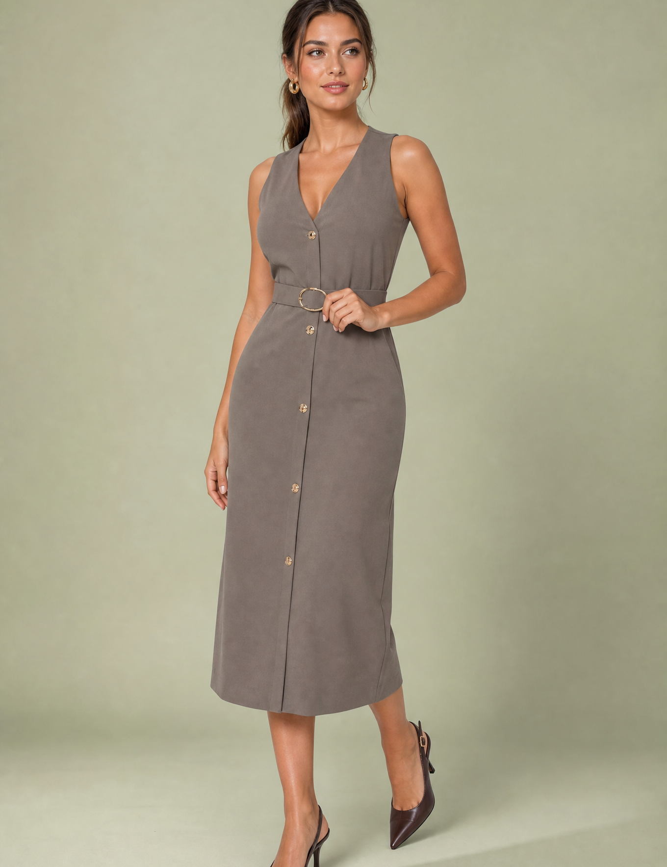 Robe midi col V ceinturée | Vue de face | Lounelle Paris