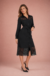 Robe chemise noire à dentelle | Vue de face | Lounelle Paris