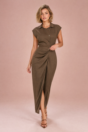 Robe longue marron col chemise | Vue de face | Lounelle Paris