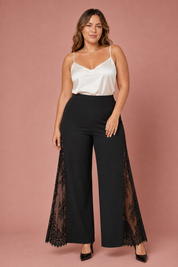 Pantalon large noir taille haute dentelle