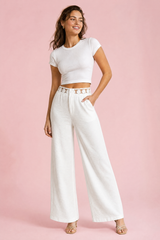 Pantalon large blanc ceinture dentelle