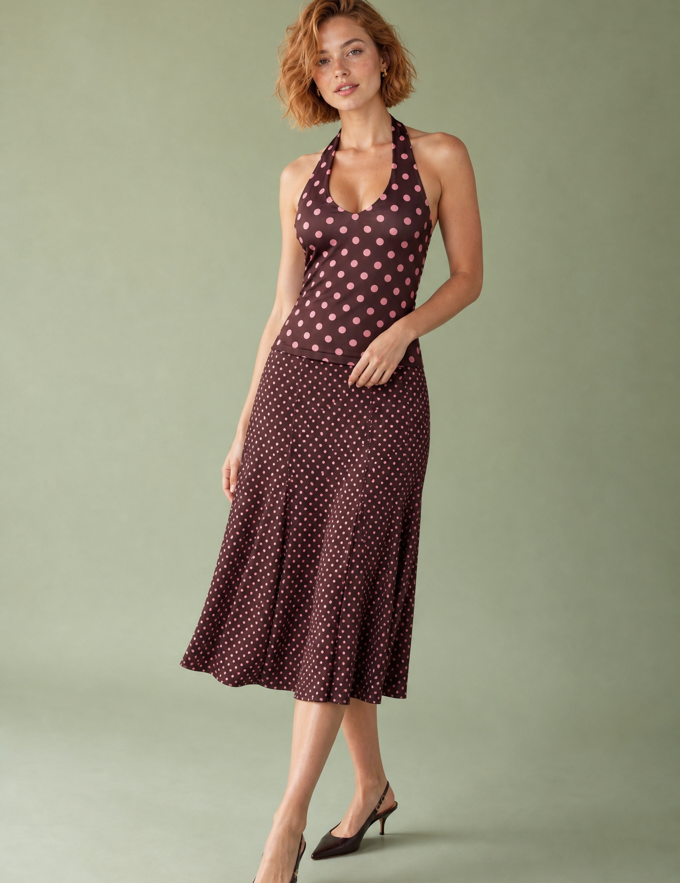 Ensemble marron à pois col halter | Vue de face | Lounelle Paris