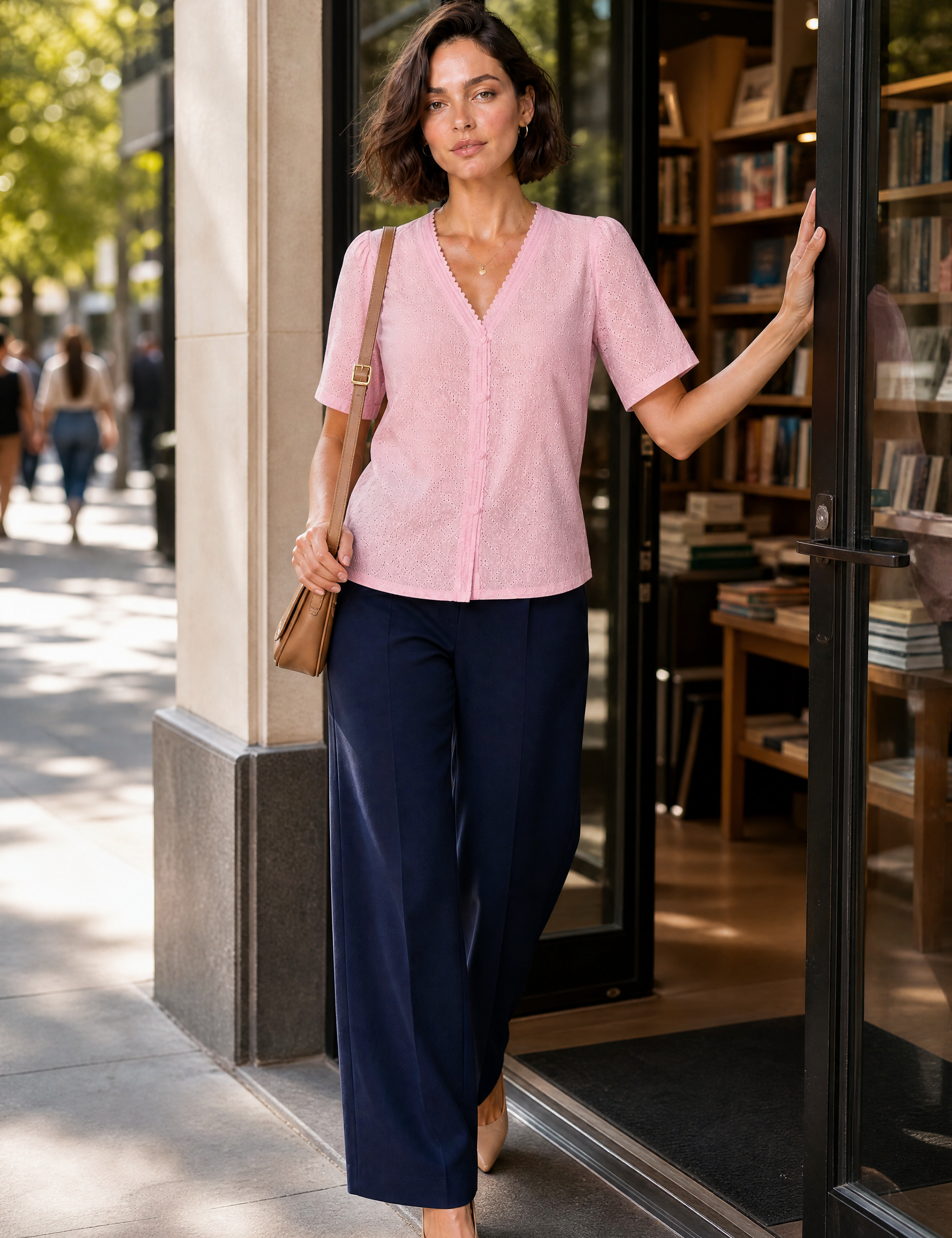 Blouse blanche col V ajourée | Variante Rose - Lifestyle | Lounelle Paris