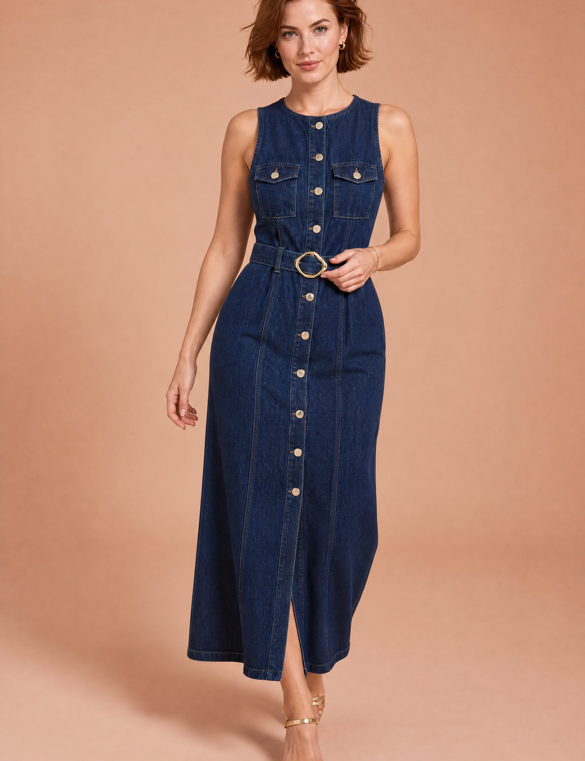 Robe longue bleu foncé sans manches | Vue de face | Lounelle Paris