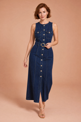 Robe longue bleu foncé sans manches