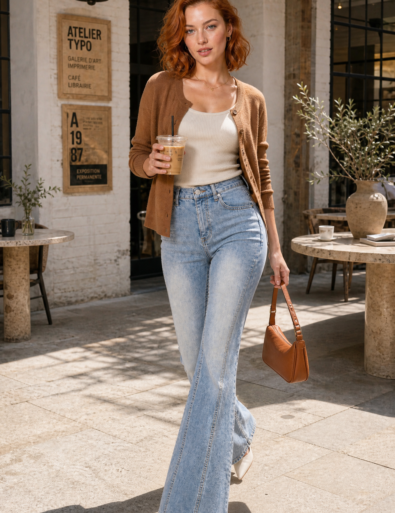 Jean bleu délavé taille haute évasé | Photo lifestyle | Lounelle Paris