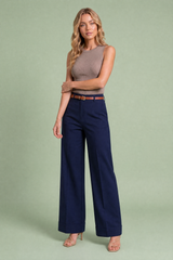 Pantalon large ceinturé taille mi-haute