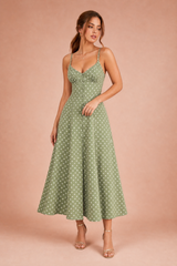 Robe longue verte à pois bretelles