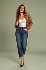 Jean mom bleu foncé taille haute coupe droite