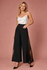 Pantalon large noir taille haute dentelle