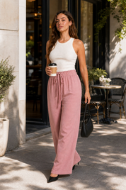 Pantalon fluide large taille cordon | Variante Rose - Lifestyle | Lounelle Paris