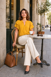Blouse col V manches volantées | Variante Jaune - Lifestyle | Lounelle Paris