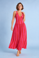 Robe longue rose rayée dos ouvert