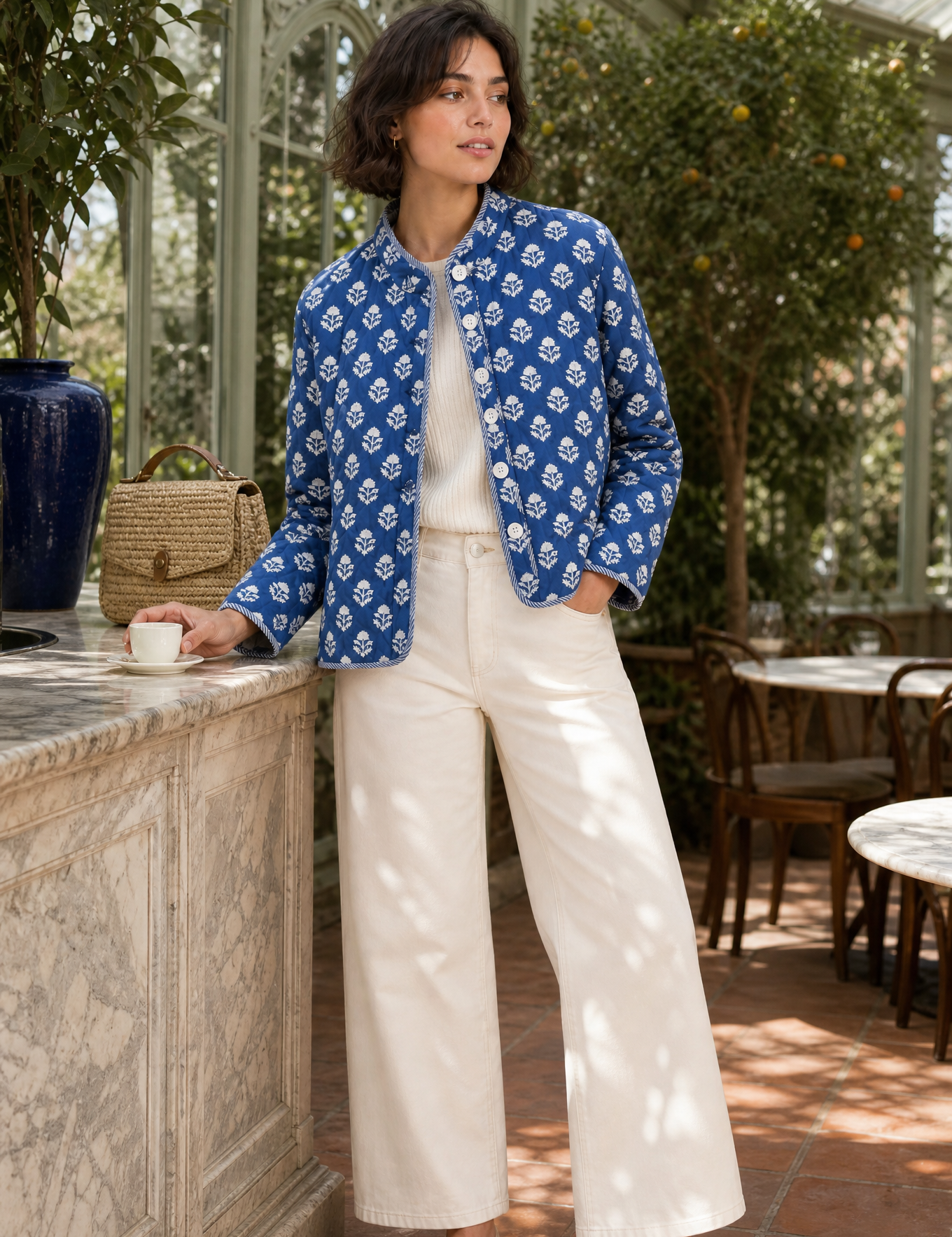 Veste matelassée imprimée col montant | Photo lifestyle | Lounelle Paris