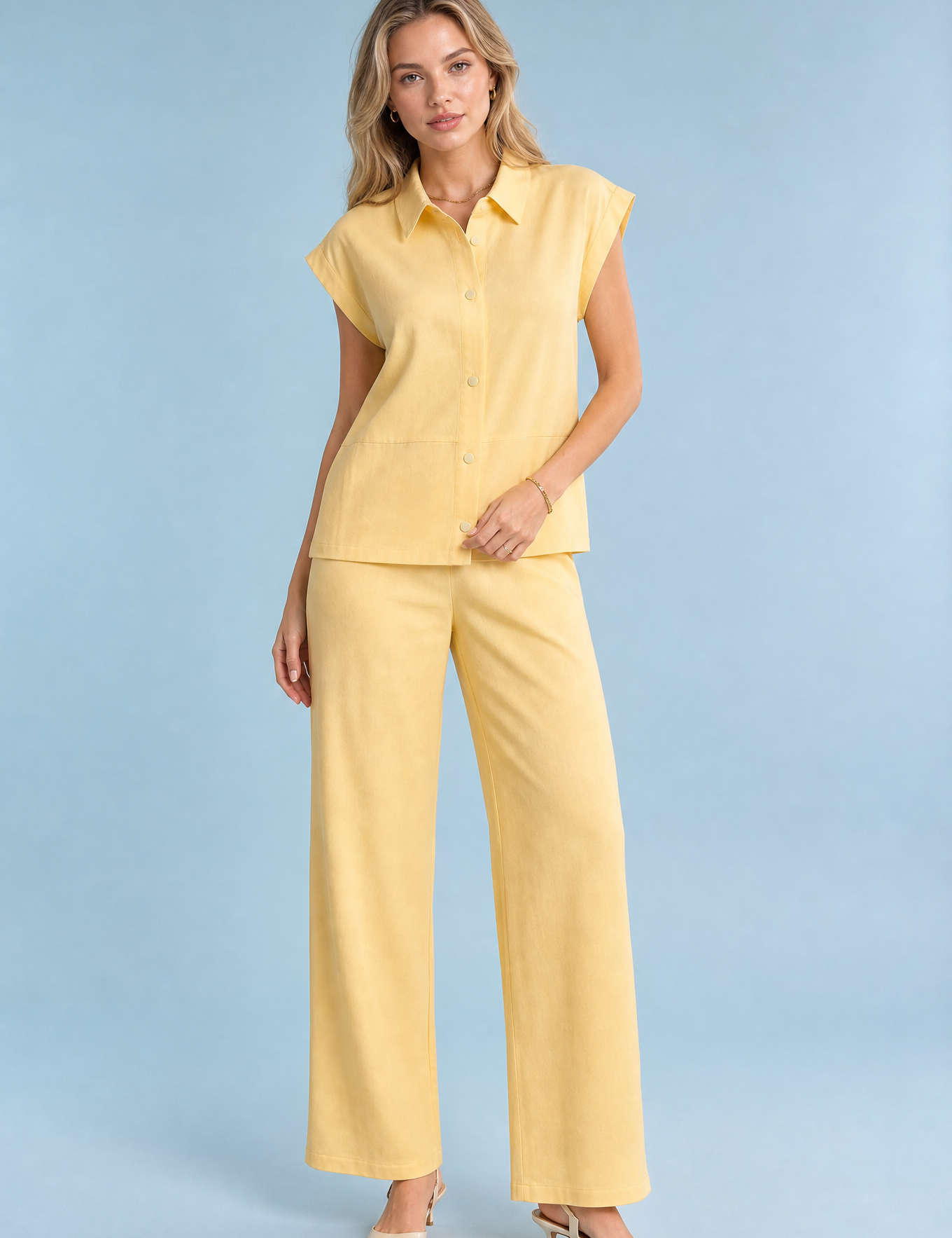 Ensemble jaune pâle ample col chemise | Vue de face | Lounelle Paris