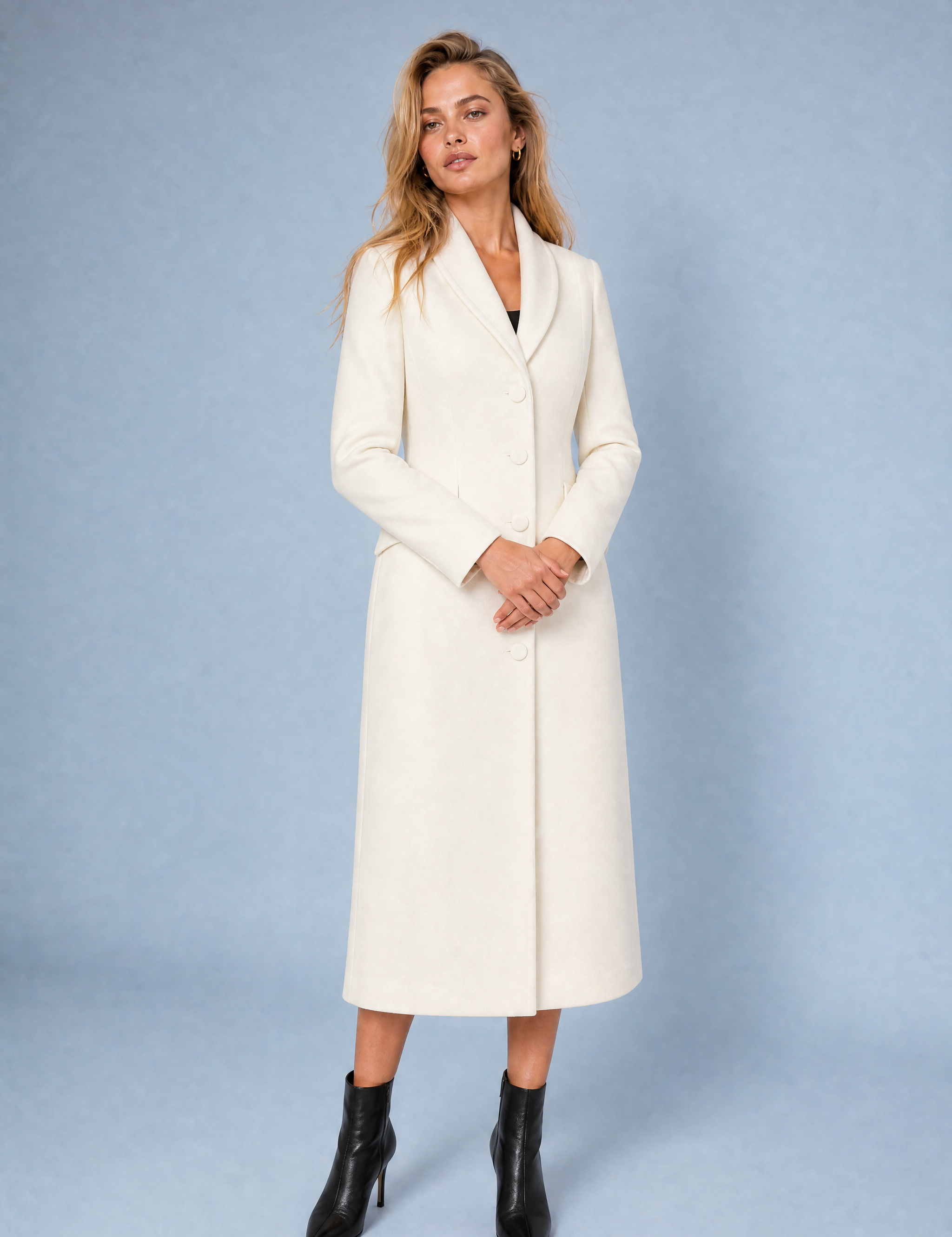 Manteau long cintré à col tailleur | Variante Blanc cassé | Lounelle Paris