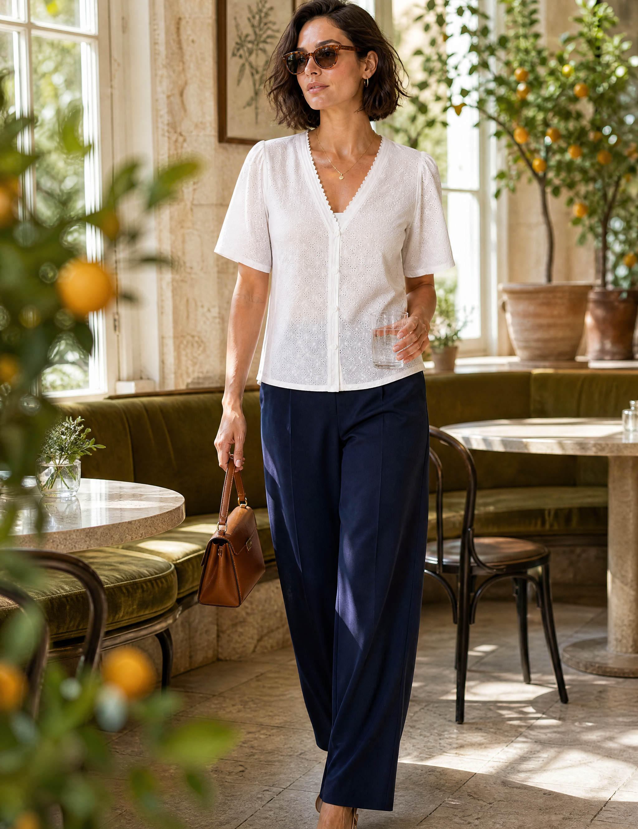 Blouse blanche col V ajourée | Photo lifestyle | Lounelle Paris
