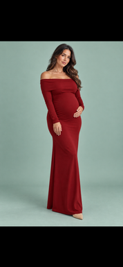 Robe longue de grossesse bordeaux en résille froncée à col Bardot