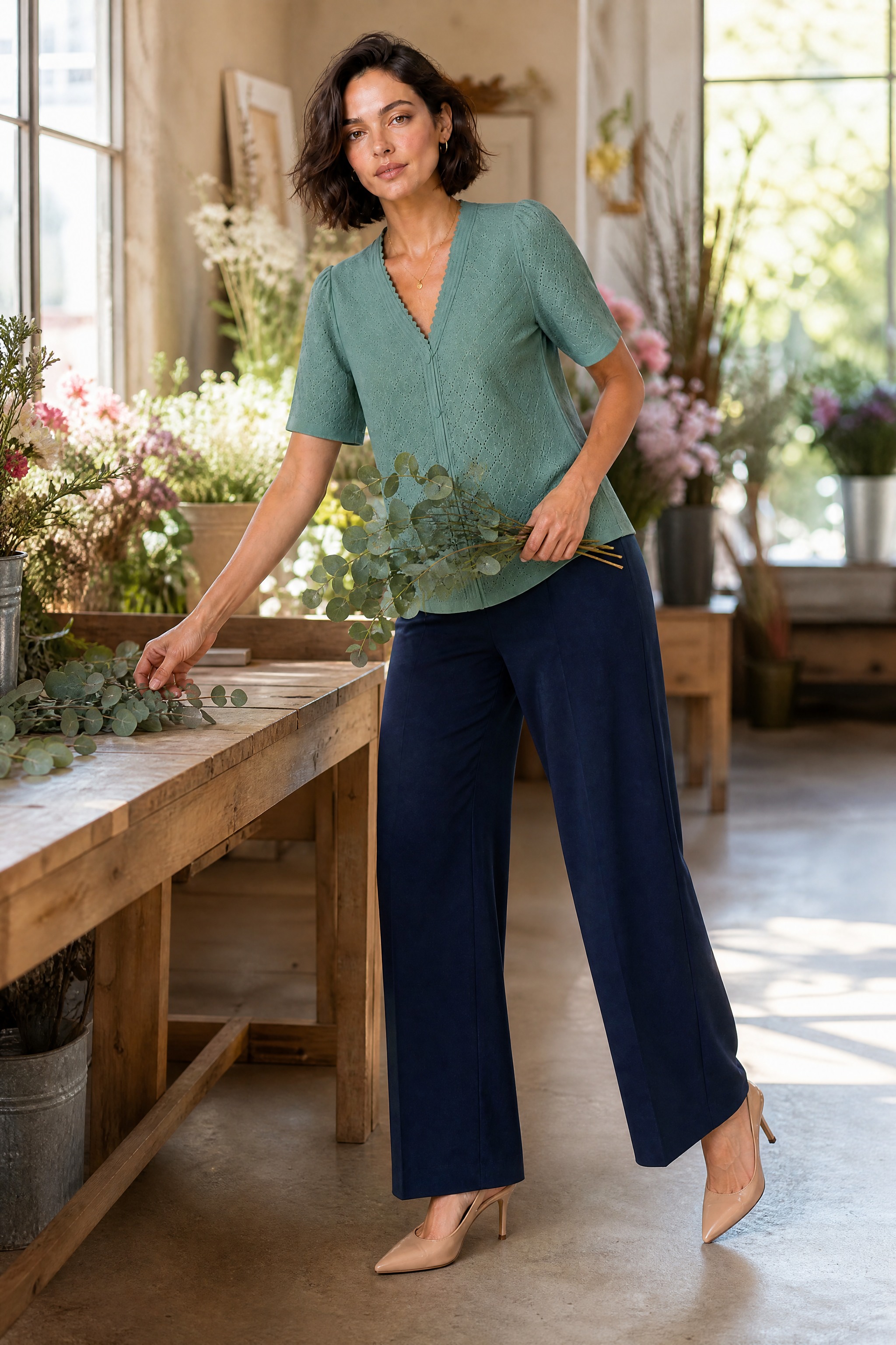 Blouse blanche col V ajourée | Variante Vert - Lifestyle | Lounelle Paris